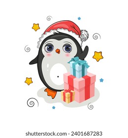 Cute penguin in Santa  hat with presents. Christmas character for your decoration, and winter projects.