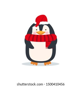 Cute penguin in Santa hat and scarf. Christmas cartoon character.New year holiday card