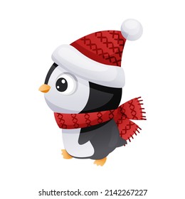 Cute penguin in Santa hat and scarf. Adorable funny baby bird cartoon character, side view. New year and Christmas design vector illustration