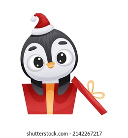Cute penguin in Santa hat sitting in red gift box. Adorable funny baby bird cartoon character. New year and Christmas design vector illustration
