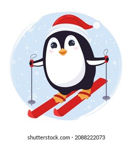 Cute penguin with Santa hat skiing. Blue background with snowflakes.