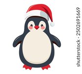 Cute penguin with Santa hat. Winter character. Merry Christmas element for banner, card, package.