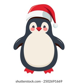 Cute penguin with Santa hat. Winter character. Merry Christmas element for banner, card, package.