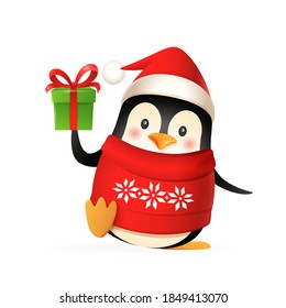 Cute penguin with Santas hat, sweater and gift celebrate Christmas holidays - vector illustration isolated on white background