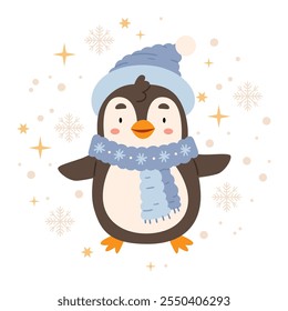 Un lindo pingüino en el estilo escandinavo en ropa de invierno en medio de copos de nieve y estrellas. Ilustración para una tarjeta, impresión o cartel