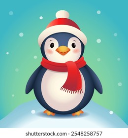 A cute penguin in a scarf. Christmas vector illustration. It can be used in web design, social media, and advertising.