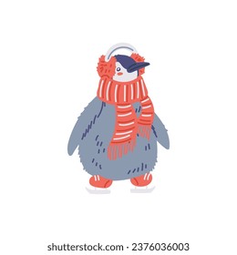 Cute penguin in scarf, earmuffs and ice skates, vector illustration isolated on white background. Cartoon character in flat style. Winter funny north wild bird drawing in blue gray and red colors.