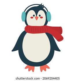Cute penguin with scarf and earmuffs, Vector illustration