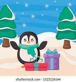 cute penguin with scarf and gift boxes on winter landscape vector illustration design