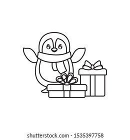 cute penguin with scarf and gift boxes on white background vector illustration design