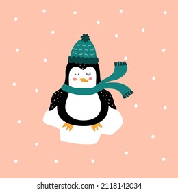 Cute penguin with a scarf and a green hat hand drawn vector illustration. Funny animal character. Cozy winter greeting card. 