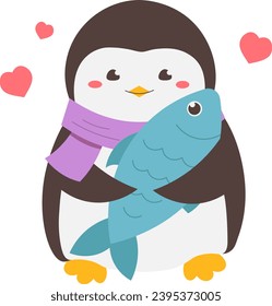 Cute penguin in scarf hugs fish. Vector illustration for children in flat style  of winter, Valentine's Day