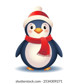 A cute penguin in a scarf, isolated on a white background. Christmas vector illustration. It can be used in web design, social media, and advertising.