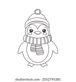 A cute penguin in a scarf, isolated on a white background. Christmas vector illustration. It can be used in web design, social media, and advertising.
