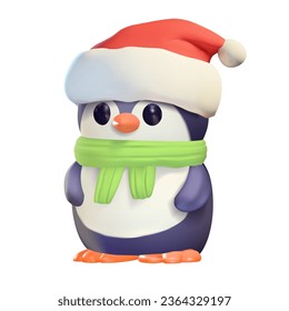 Cute penguin in a scarf and Santa Claus hat. 3d realistic illustration. Vector