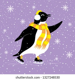 Cute penguin with a scarf skates in the winter.