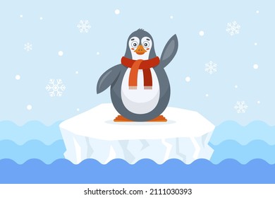 a cute penguin in a scarf swims on an ice floe in the open ocean. flat vector illustration.