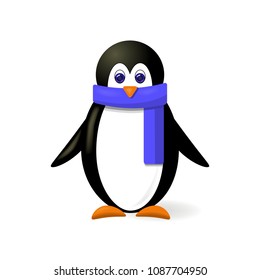 Cute penguin in a scarf vector icon isolated; colorful 3D penguin cartoon image; EPS10