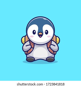 Cute Penguin With School Bag Vector Icon Illustration. Animal Education Icon Concept Isolated Premium Vector. Flat Cartoon Style 