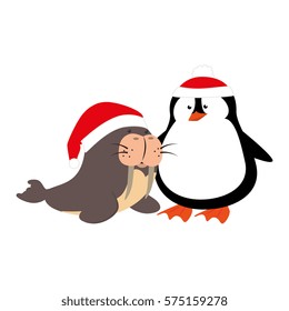 cute penguin and seal with christmas hat isolated icon