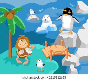 Cute penguin, seal and seagulls among the ice, icebergs in cartoon style. Monkey with coconut near palm tree. Characters for design of books, posters. Vector illustration.