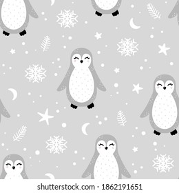Pingüino sin fisuras con elementos abstractos y puntos alrededor. Ilustración vectorial dibujada a mano de guardería en estilo escandinavo.