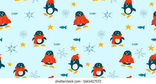 Cute penguin seamless pattern design with stars fish and snowflakes. Winter penguin design for kids with scarf sweater and hat. Festive and cute vector design for textile wallpaper fabric decor.