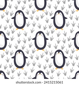 Patrón de pingüino sin costura con huella de pingüino para postal, póster, ropa, tela, papel de envoltura, tela, textiles. Ave infantil divertida. Caricatura infantil escandinava. Vector