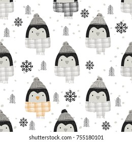cute penguin  seamless pattern  hand drawnvector illustration Black and white penguin background.