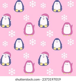 Cute penguin  seamless pattern. Kawaii funny animals cartoon characters with different emotions and situations. Isolated vector illustration background 