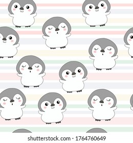 Cute penguin seamless pattern on rainbows background.