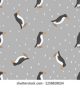 Cute penguin seamless pattern. Cute penguins isolated on gray background with white snow dots.