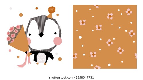 Cute penguin seamless pattern scandinavian kid simple abstract floral background textile apparel art.