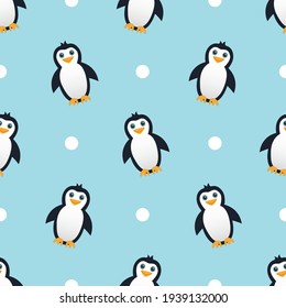 Cute Penguin Seamless Pattern Vector On Light Blue Background.