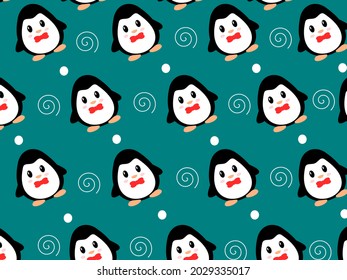 Cute penguin seamless pattern vector on green background