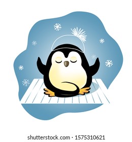 Cute penguin in seated meditation yoga pose rug  Winter background and snowflakes  flat vector illustration for winter holidays   decoration