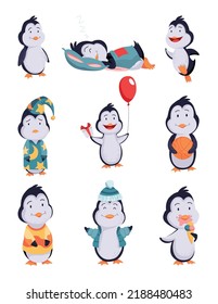 Cute penguin set. Draw character design of funny penguins in cartoon style. Sleeping, eating ice cream and waving wing