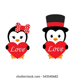cute penguin set with heart and text