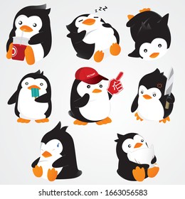 Cute pingüino conjunto de ilustraciones, con pingüinos en diferentes situaciones como comer, beber, nadar, dormir...