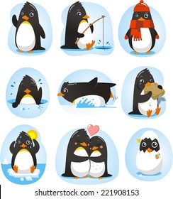 Cute Penguin set of illustrations, with penguins in different situations like dancing, fishing, winter, swimming, eating, in love.