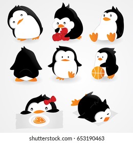 Cute Penguin set of illustrations, with penguins in different situations like eating, playing, walking...