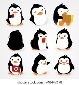 Cute Penguin set of illustrations, with penguins in different situations like eating, playing, walking.