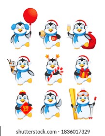 Cute penguin, set of nine poses. Merry Christmas and Happy New Year. Funny penguin cartoon character. Vector illustration on white background. Lettering translates as prosperity