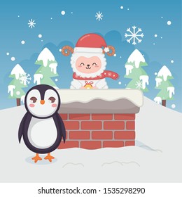 cute penguin and sheep in chimney trees winter landscape merry christmas vector illustration
