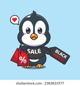 cute penguin with shopping bag and black friday sale discount cartoon vector illustration