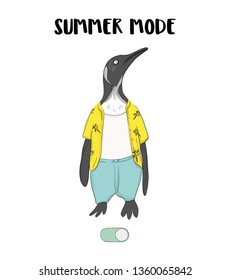 Cute penguin in shorts, t-shirt ready for summer. Cute penguin nursery summer character, animal greeting card design, kids room funny poster, tee, t-shirt print