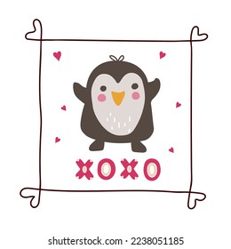 Cute penguin in simple frame with hand drawn lettering XOXO. Doodle kawaii style illustration. For kids design, scrapbooking, greetings, DIY projects.