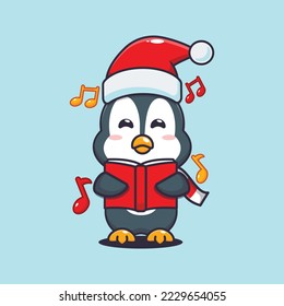 Cute penguin sing a christmas song. Cute christmas cartoon illustration. 