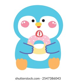 Cute penguin sit to eating strawberry donut.Bakery.Sweet and dessert.Polar bird animal character cartoon design.Kawaii.Vector.Illustration. 