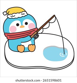 Pinguim bonito sentar e pescar no ice.Winter e frio.Ártico,polar,polo norte.Pássaro personagem animal desenho animado.Kawaii.Vetor.Ilustração.